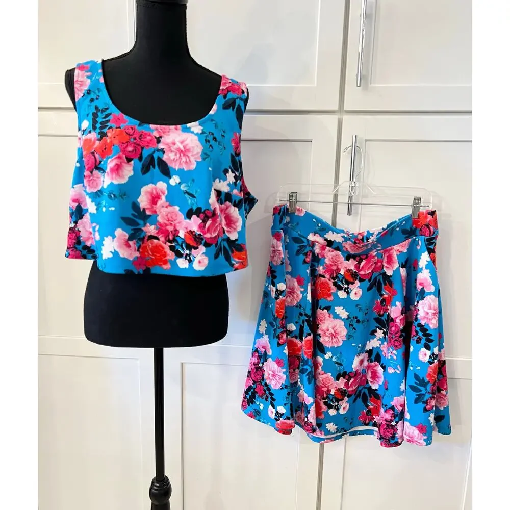 TORRID Mini Scuba Skater Set Women's Plus Size 2 Top Skirt $76 Floral Blue 2X - Picture 7 of 11